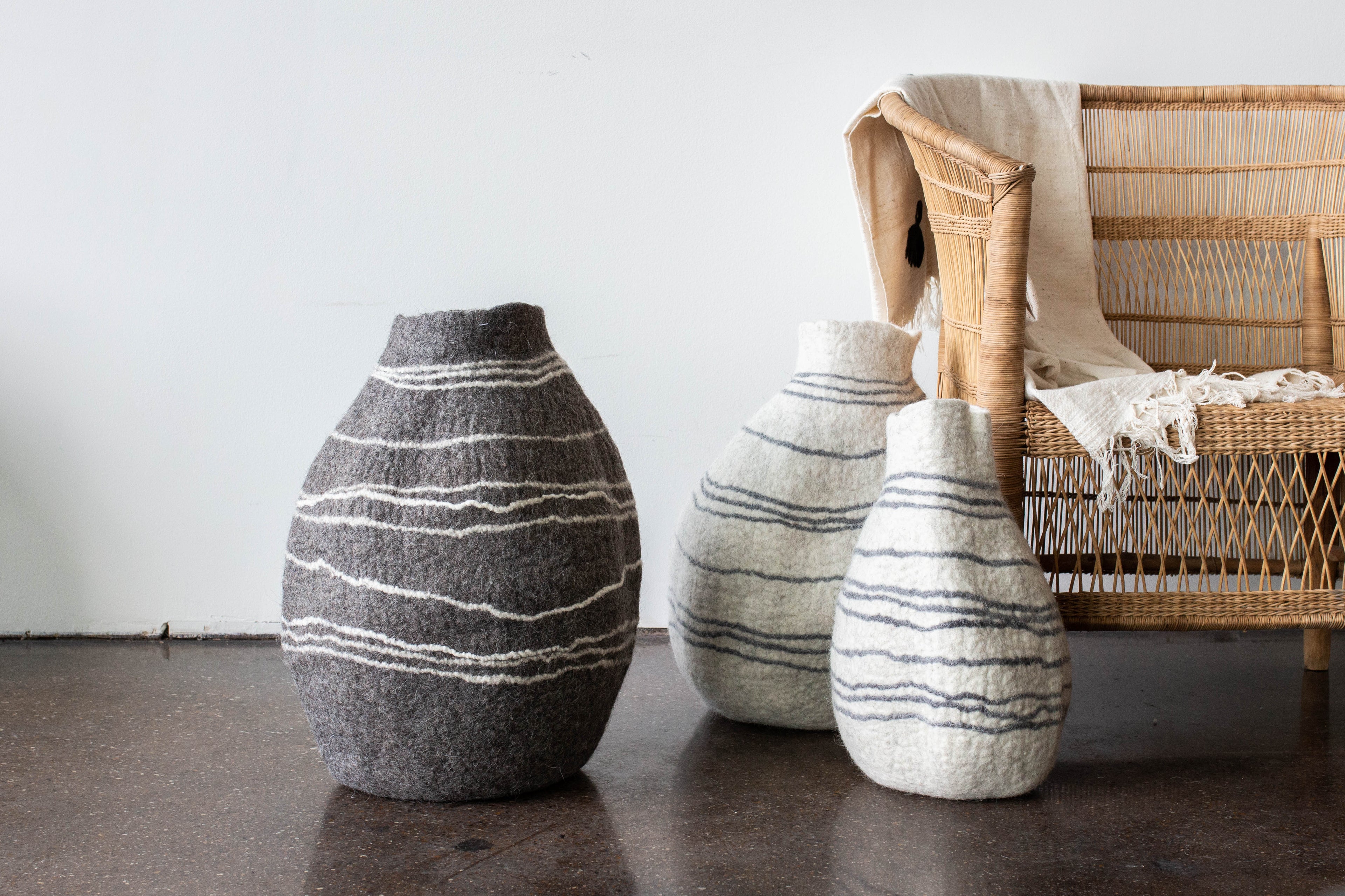 Tribal Lines Grey Hand-Felted Wool Gourd Basket